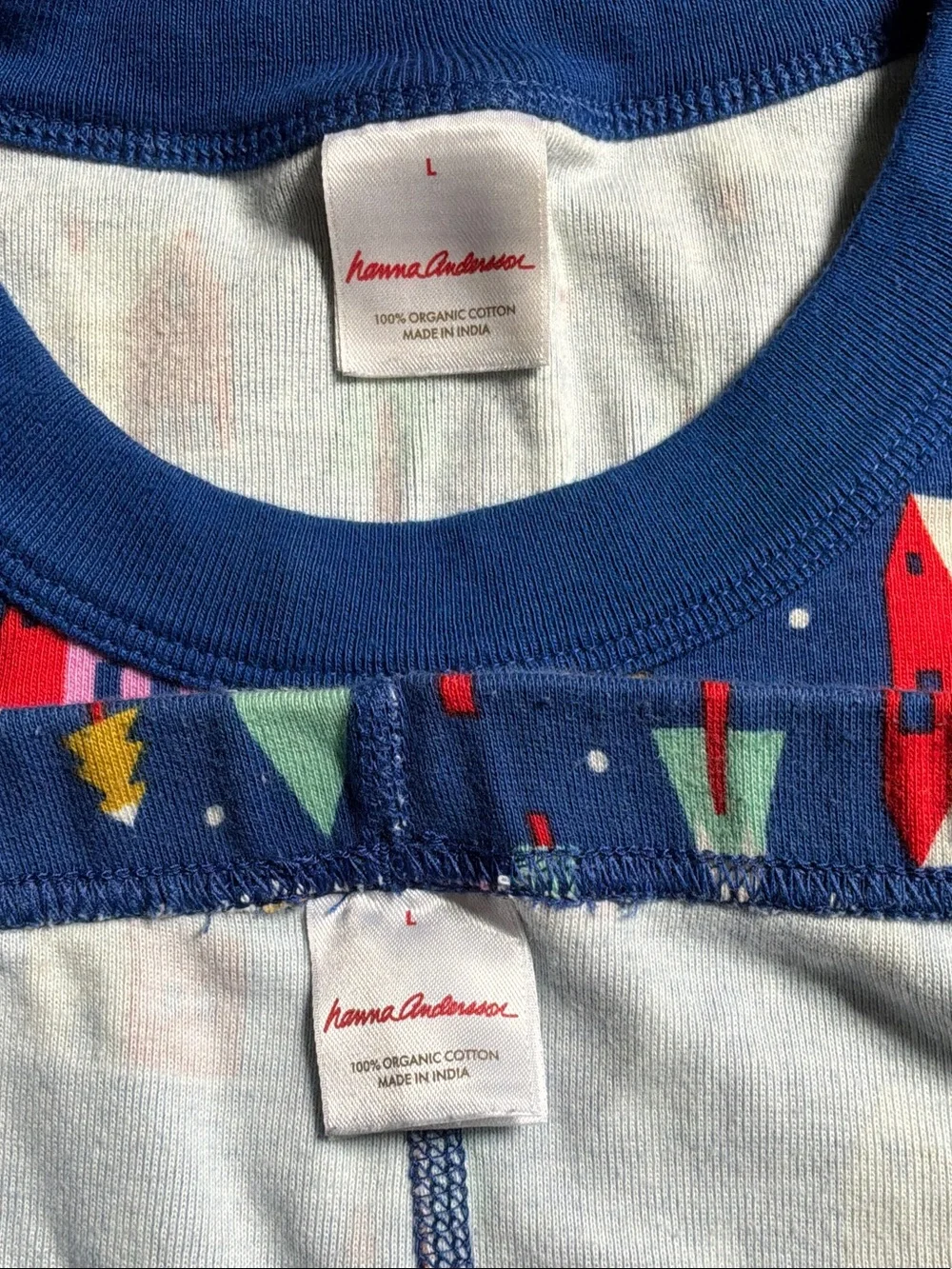Hanna Andersson Blue adult Pajama Set with Colorful Holiday Houses